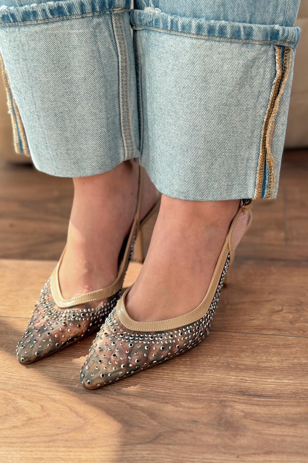 Clarwon Tül Taş Detaylı Stiletto Bej - ILOVESHOES