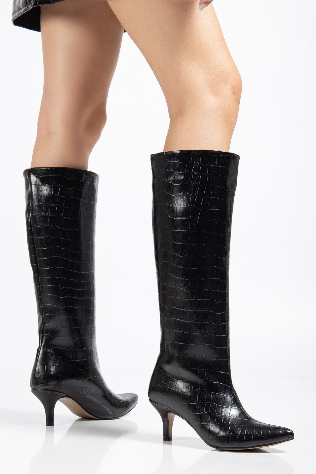 Celmira Kadın Topuklu Çizme Siyah Desenli - ILOVESHOES