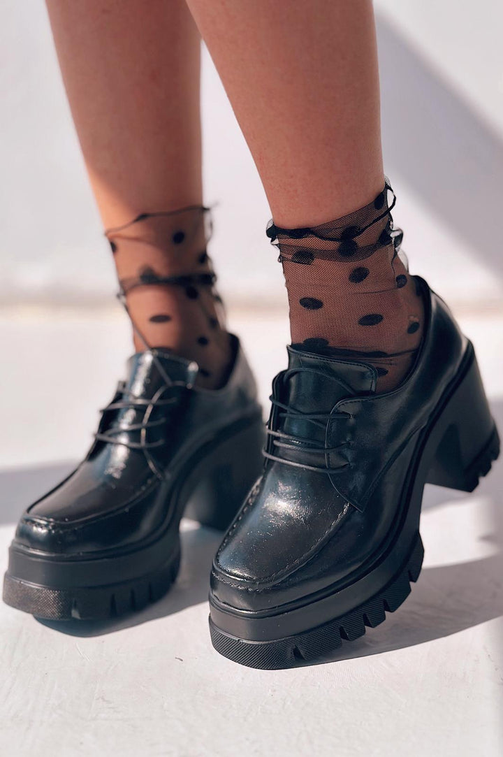 Sapetos Kalın Taban Topuklu Kadın Loafer Siyah Mat Rugan - ILOVESHOES