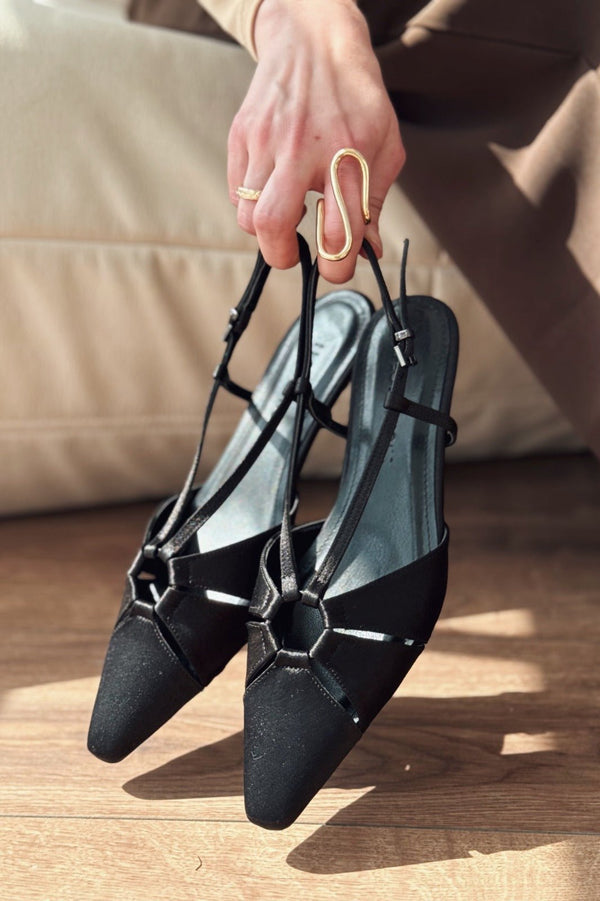Ozeras Saten Siyah Kısa Topuklu Stiletto - ILOVESHOES