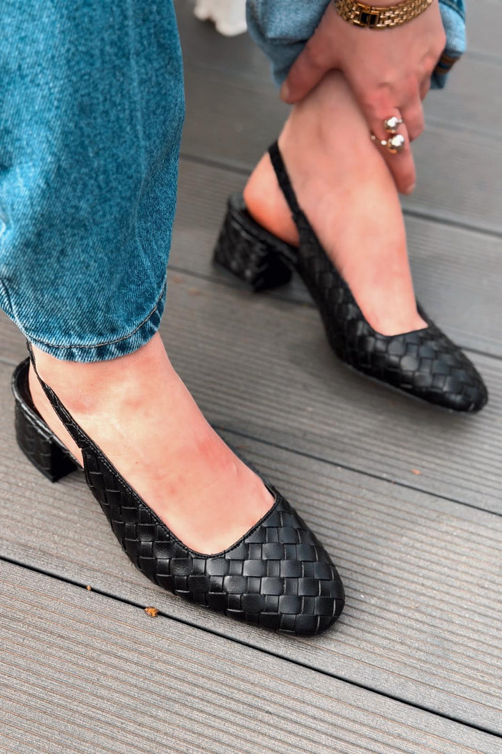 Solen Mary jane Topuklu Ayakkabı Siyah Mat Deri Örgü Detaylı - ILOVESHOES