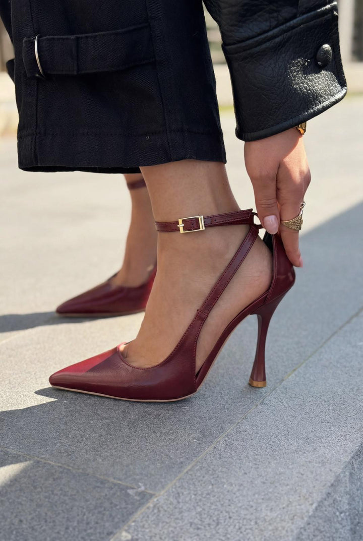Nerole Stiletto Bordo Mat Deri Yüksek Topuklu - ILOVESHOES