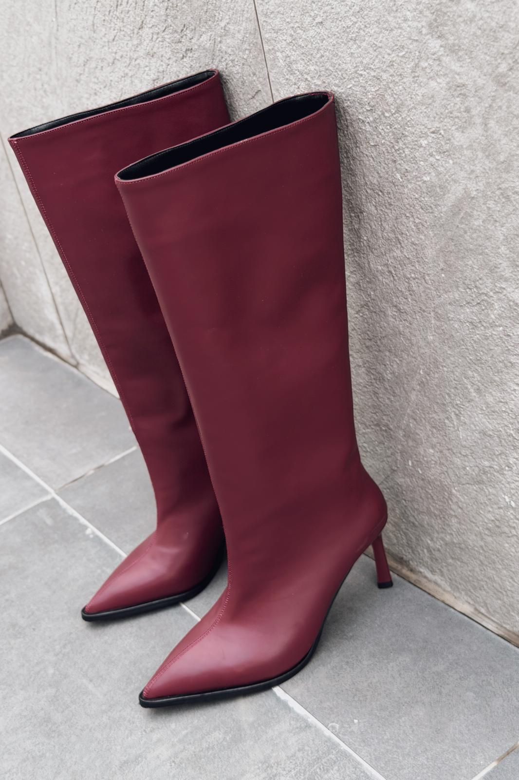 Aviren Kadın Topuklu Çizme Bordo Mat Deri - ILOVESHOES