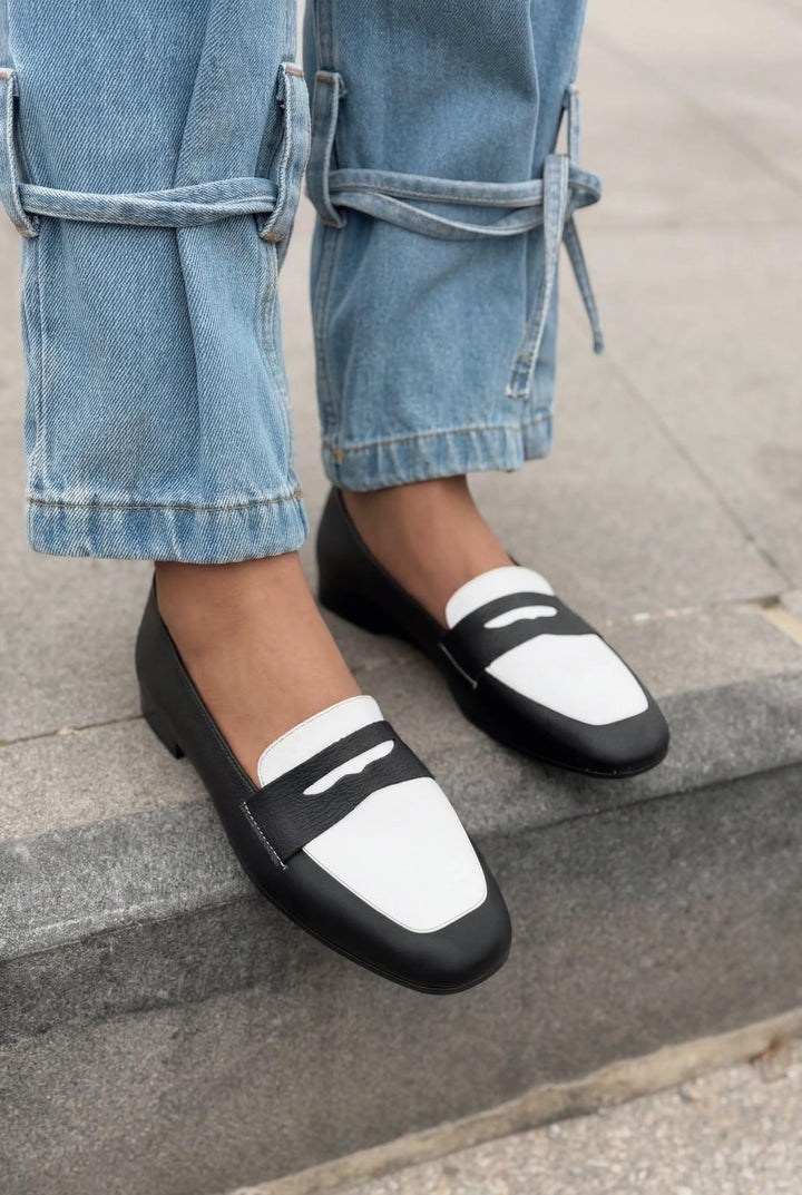 Melniel Hakiki Deri Kadın Loafer Siyah - Beyaz - ILOVESHOES