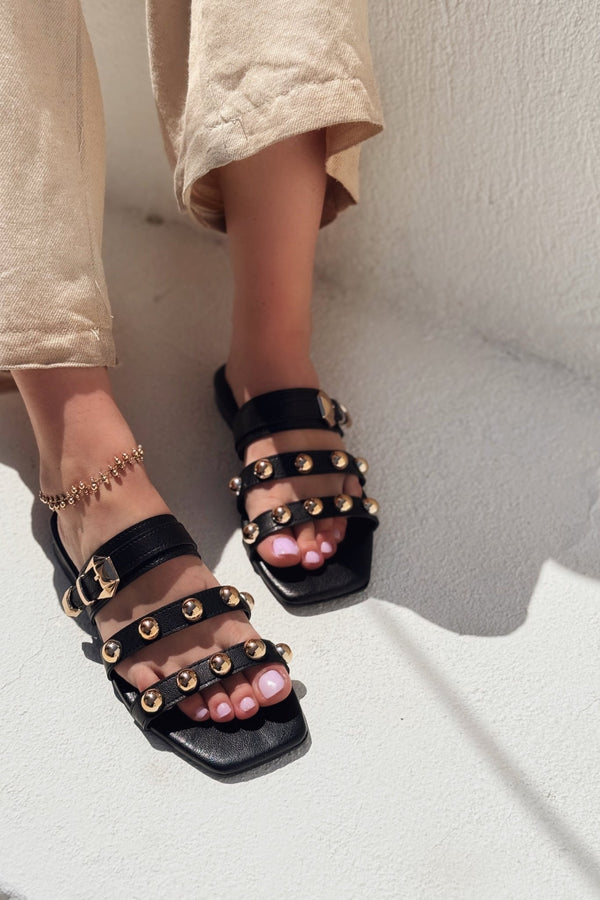 Dawist Mat Deri Siyah Troklu Düz Kadın Terlik - ILOVESHOES