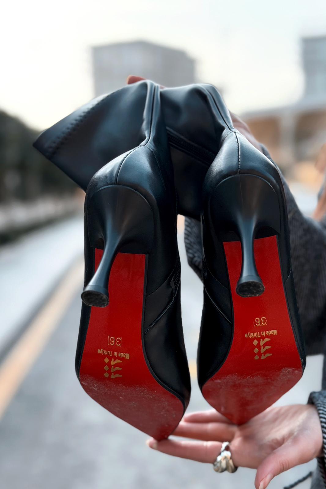 Osenia Kadın Topuklu Streç Bot Siyah Mat Deri - ILOVESHOES