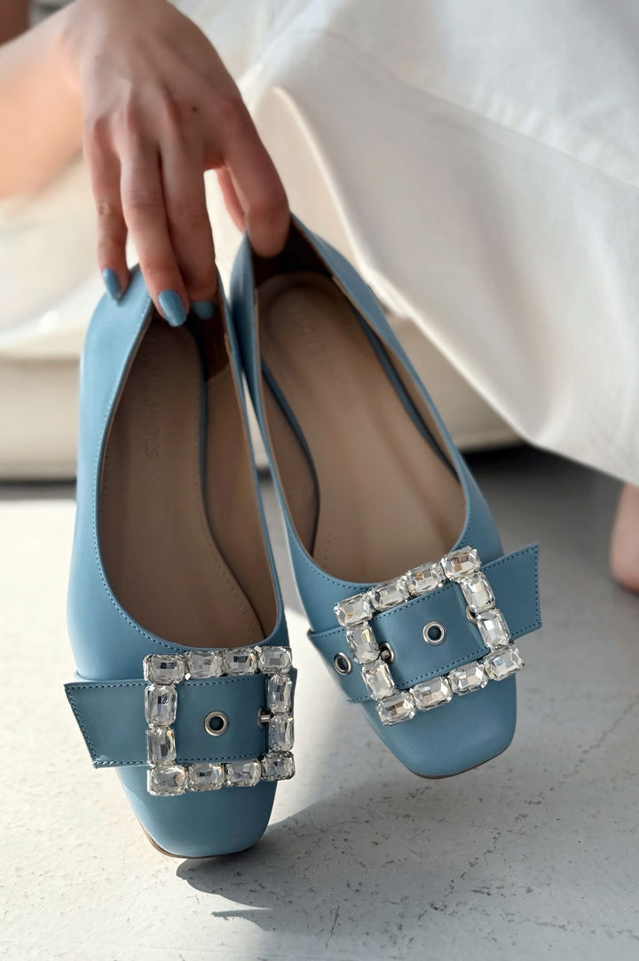Woned Mat Deri Mavi Taş Detaylı Kadın Babet - ILOVESHOES