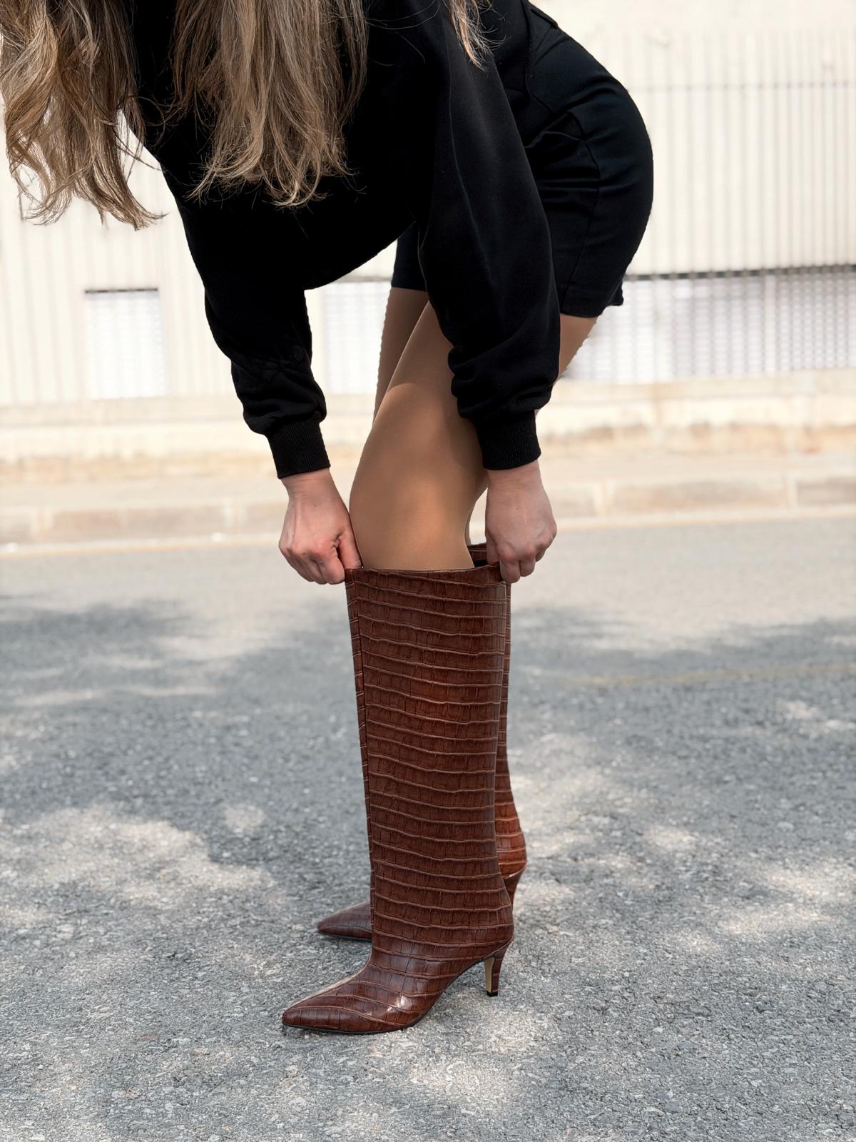 Gwen Desenli Kadın Çizme Taba - ILOVESHOES