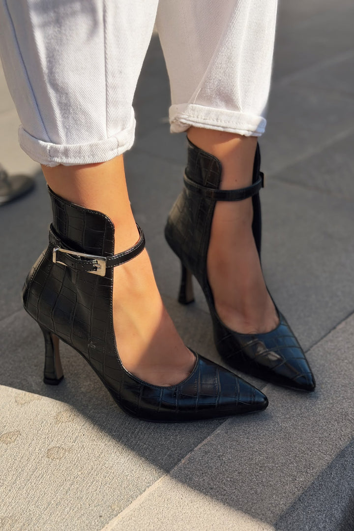 Vion Siyah Kroko Hakiki Deri Kadın Topuklu Ayakkabı
