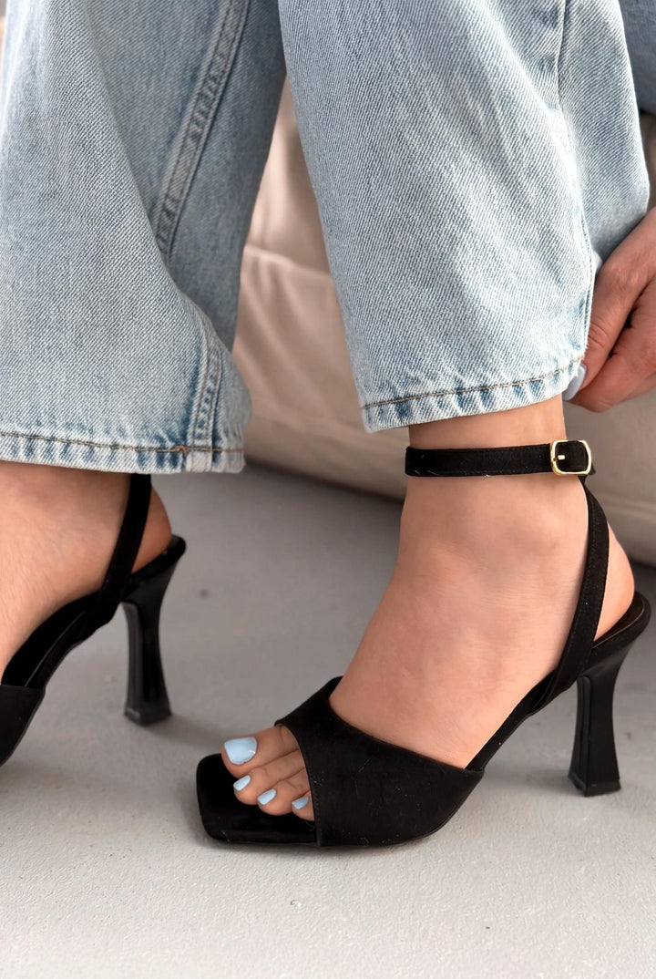 Velniel Siyah Süet Kadın Topuklu Sandalet - ILOVESHOES
