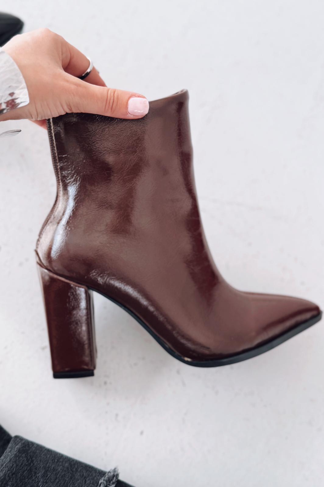 Miren Kadın Topuklu Bot Acıkahve Parlak Deri - ILOVESHOES