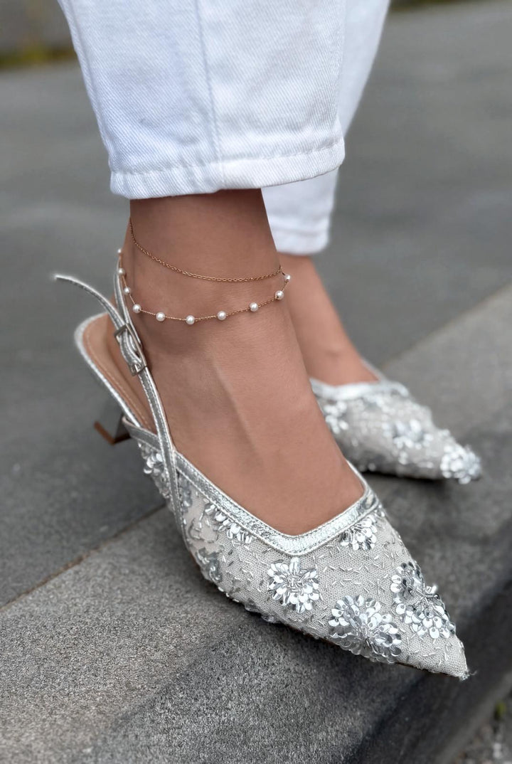 Serona Stiletto Gümüş Nakışlı - ILOVESHOES
