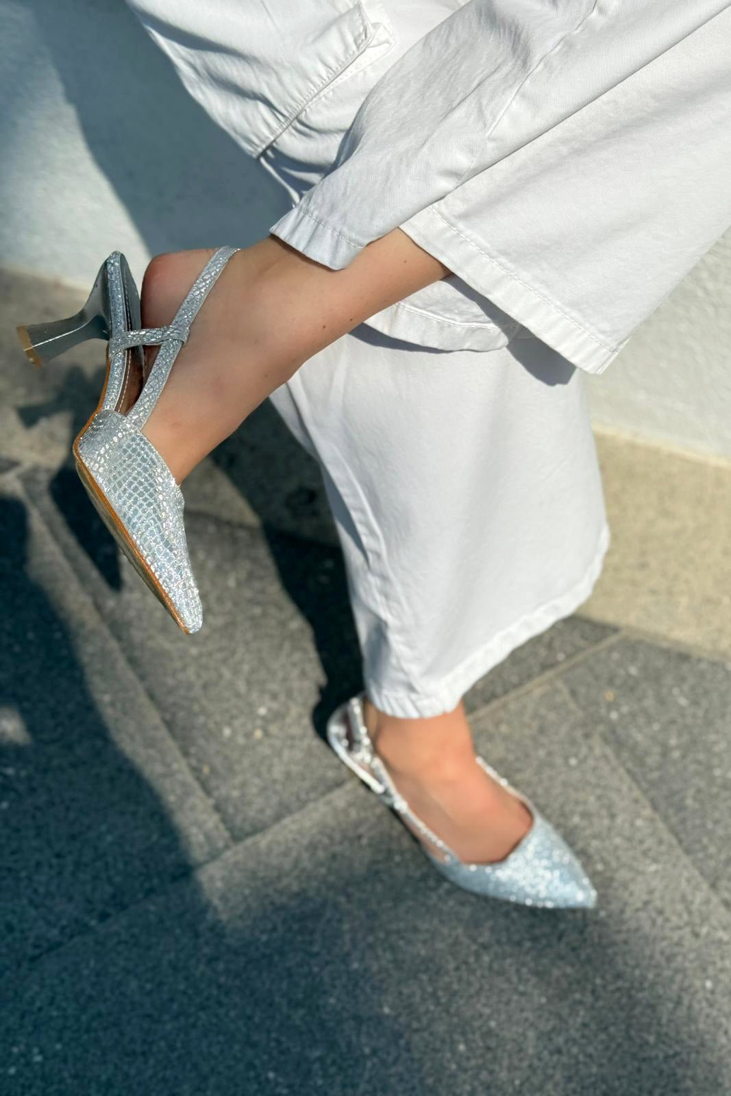 Nowse Mini Parlak Deri Desenli Stiletto Gümüş - ILOVESHOES