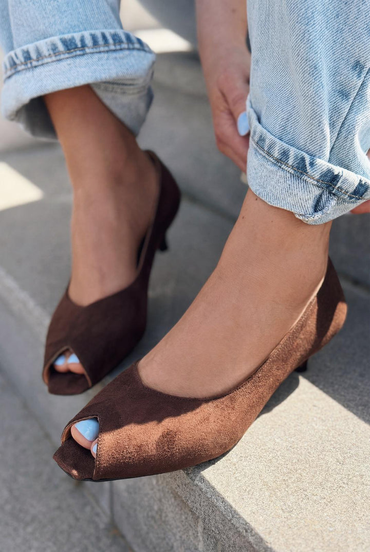 Norvion Hakiki Deri Acıkahve Süet Kadın Topuklu Ayakkabı - ILOVESHOES