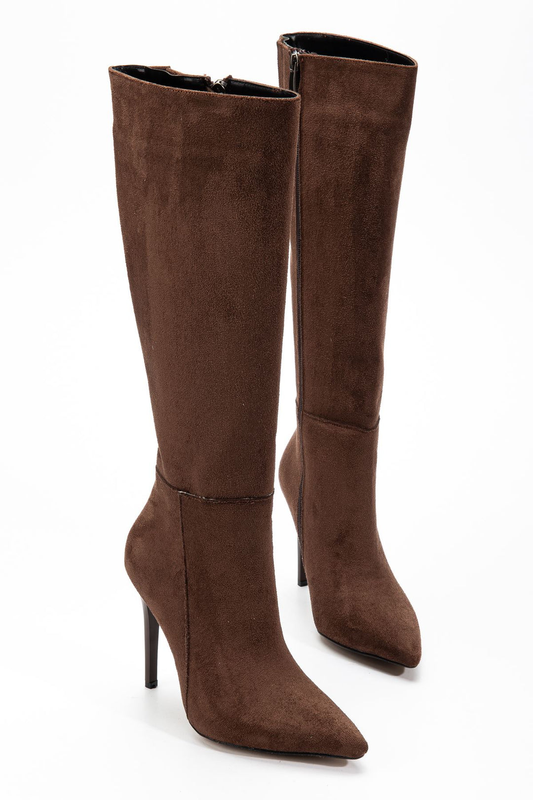 Zynor Acıkahve Süet Fermuarlı Lastikli İnce Yüksek Topuklu Kadın Çizme - ILOVESHOES