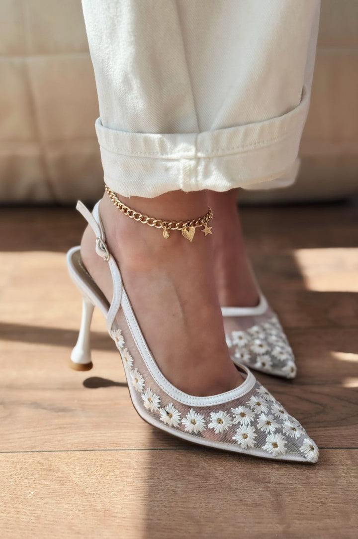 Dasewi Tül Beyaz Papatya Desenli Stiletto