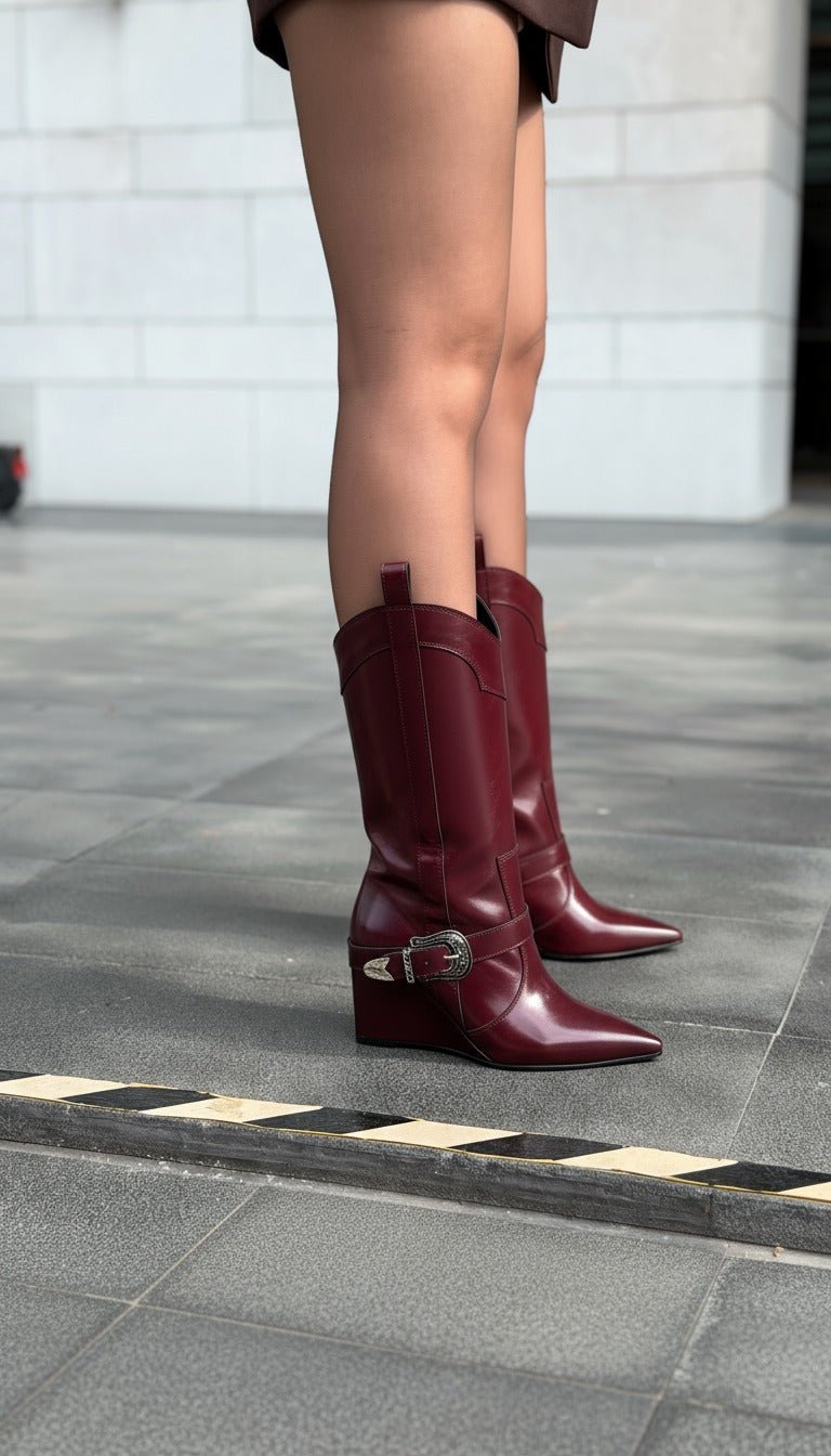 Bonvir Kadın Dolgu Topuklu Çizme Bordo Parlak Deri - ILOVESHOES