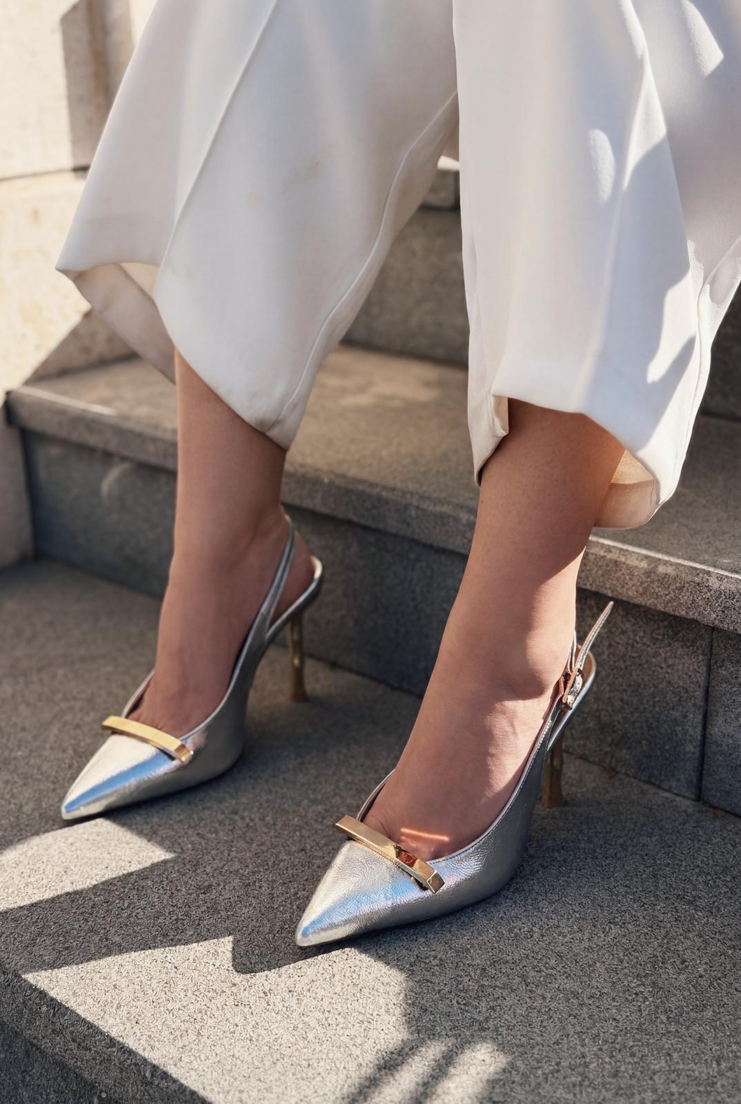 Norloven Gümüş Parlak Deri Kadın Stiletto - ILOVESHOES