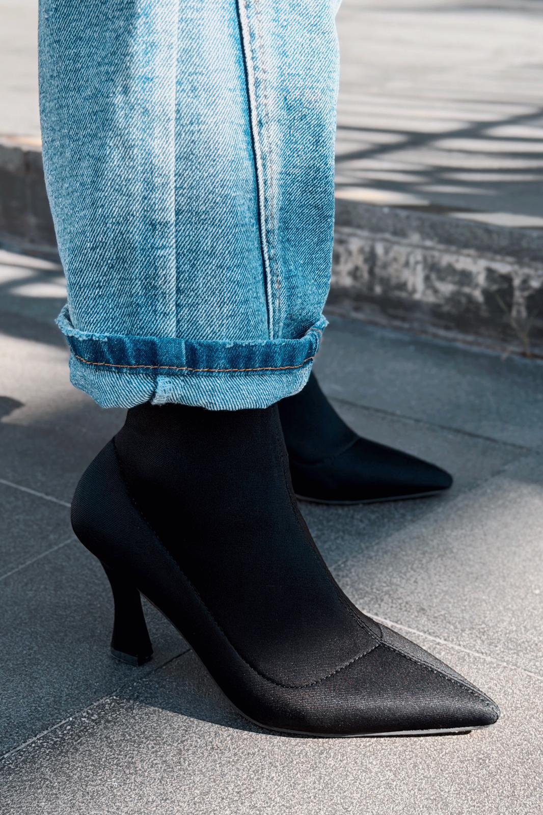 Jedaws Topuklu Çorap Bot Siyah Dalgıç Kumaş - ILOVESHOES