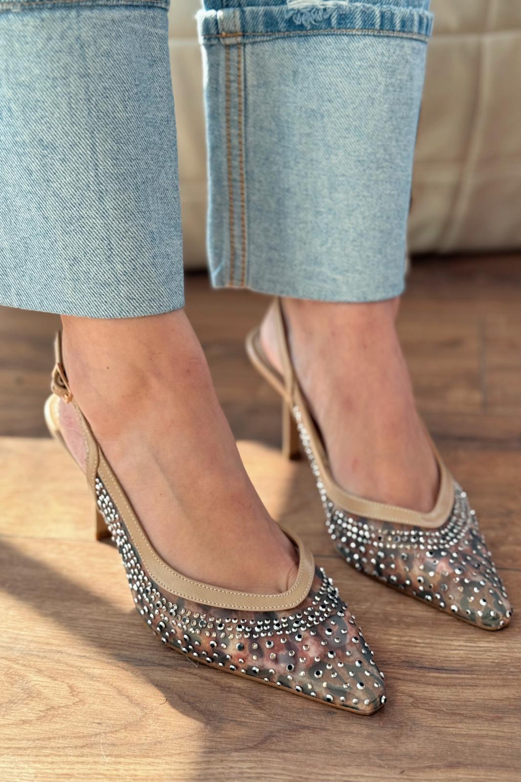 Clarwon Tül Taş Detaylı Stiletto Bej - ILOVESHOES