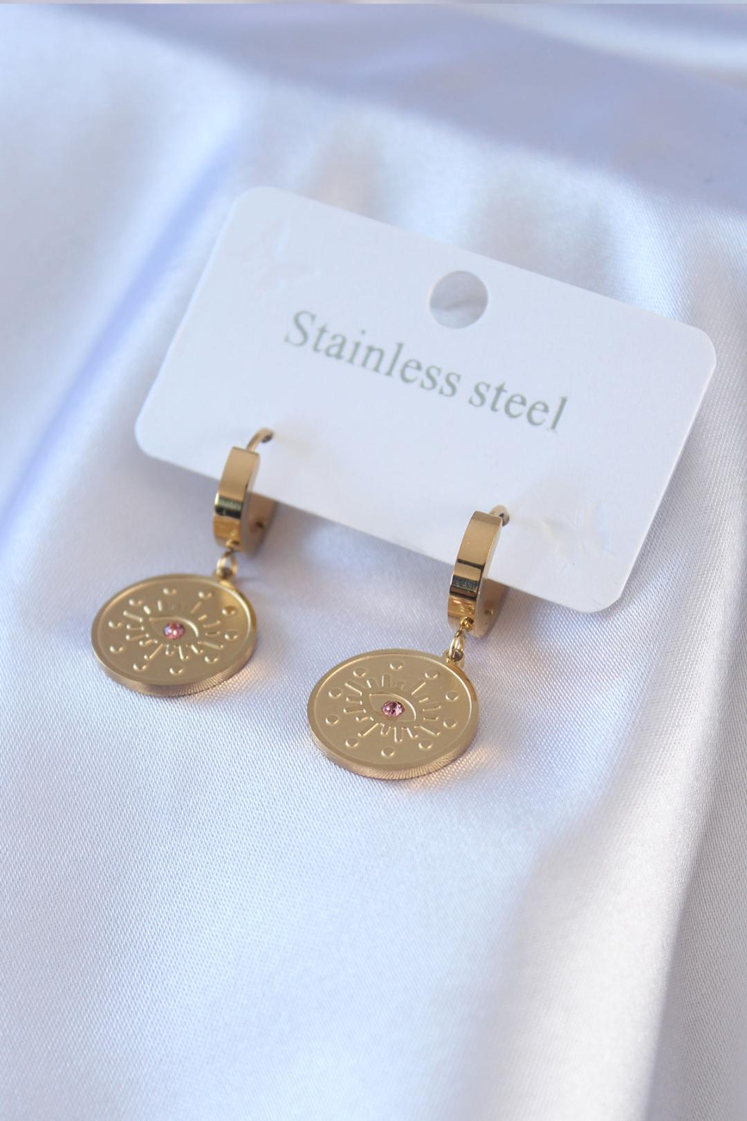 ILS-1153-316L Çelik Gold Renk Göz İşleme Zirkon Taş Detay Kadın Küpe