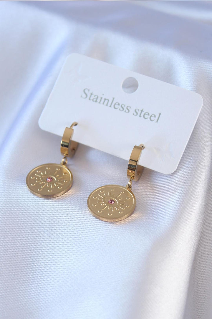 ILS-1153-316L Çelik Gold Renk Göz İşleme Zirkon Taş Detay Kadın Küpe