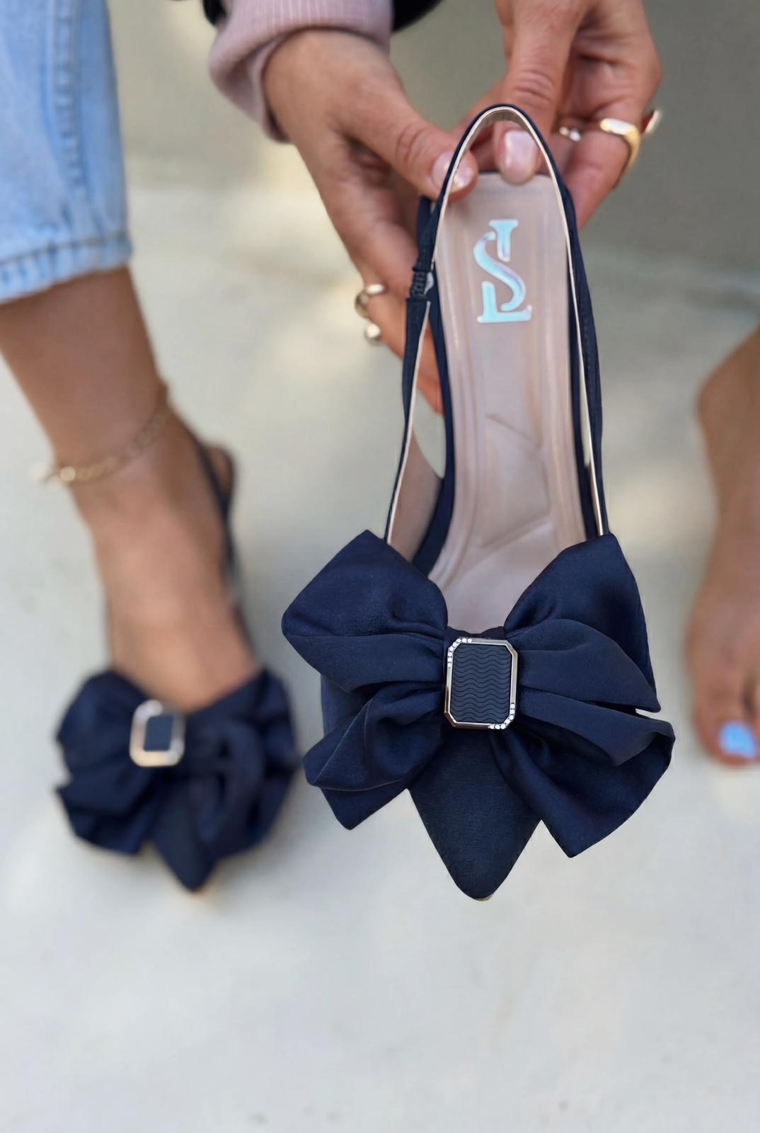Velune Stiletto Lacivert Saten Fiyonk Detaylı - ILOVESHOES