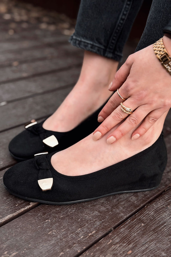 Orphel Kadın Babet Siyah Süet Dolgu Topuklu - ILOVESHOES