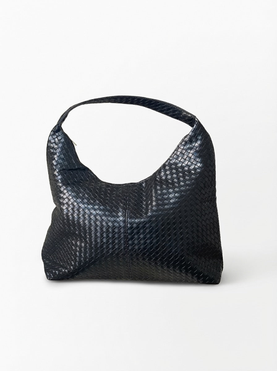 Belina Omuz Çantası Siyah Mat Deri Örgü Detaylı - ILOVESHOES