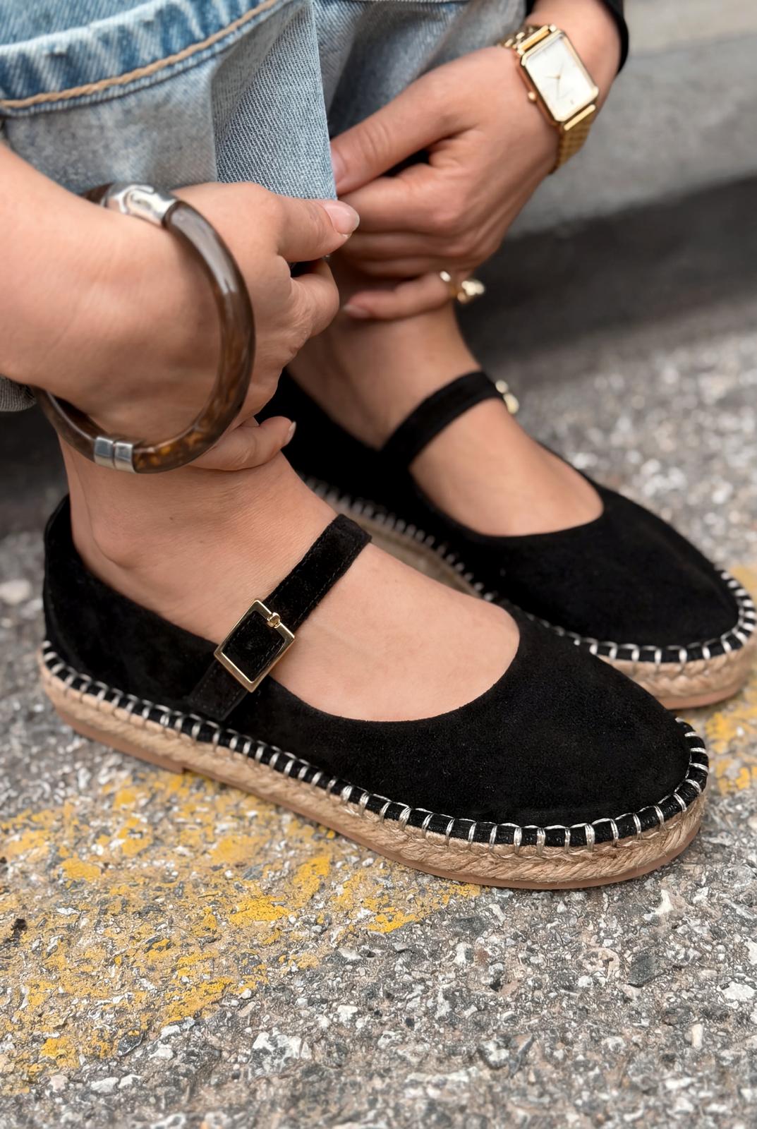 Marena Siyah Hakiki Süet Kadın Espadril - ILOVESHOES