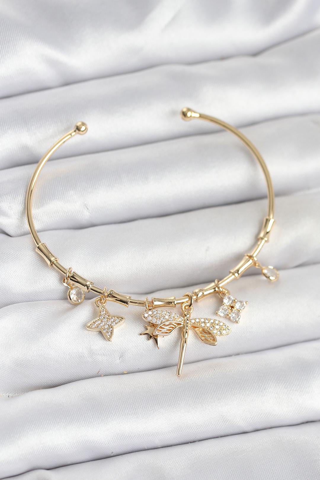 ILS - 1027 Kadın Bileklik Gold Pirinç Yusufçuk Charmlı - ILOVESHOES