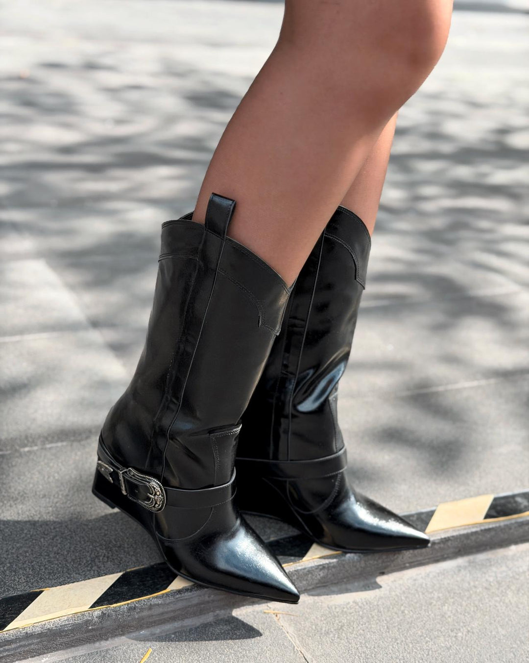 Bonvir Kadın Kovboy Çizme Siyah Parlak Deri - ILOVESHOES