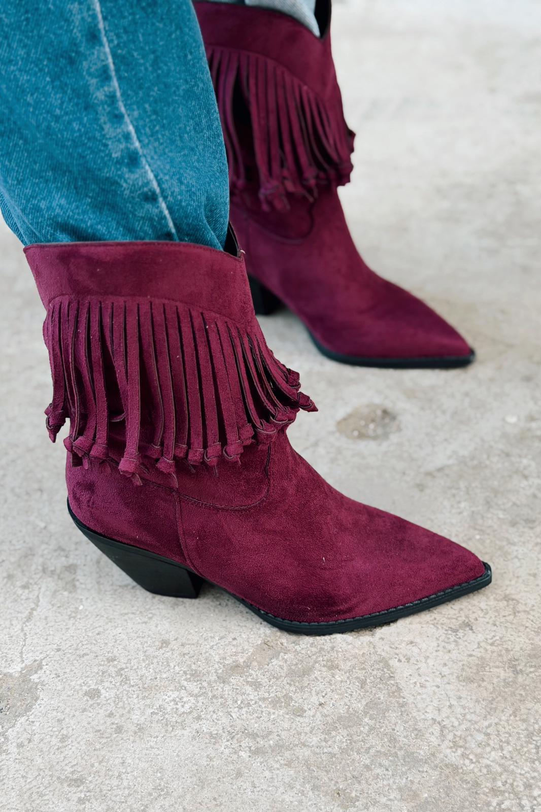 Iserne Kadın Kovboy Bot Bordo Süet Püsküllü - ILOVESHOES