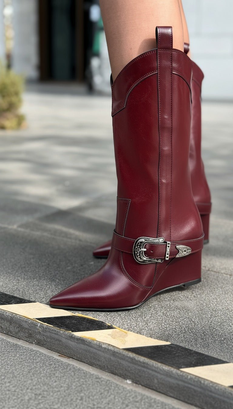 Bonvir Kadın Dolgu Topuklu Çizme Bordo Parlak Deri - ILOVESHOES