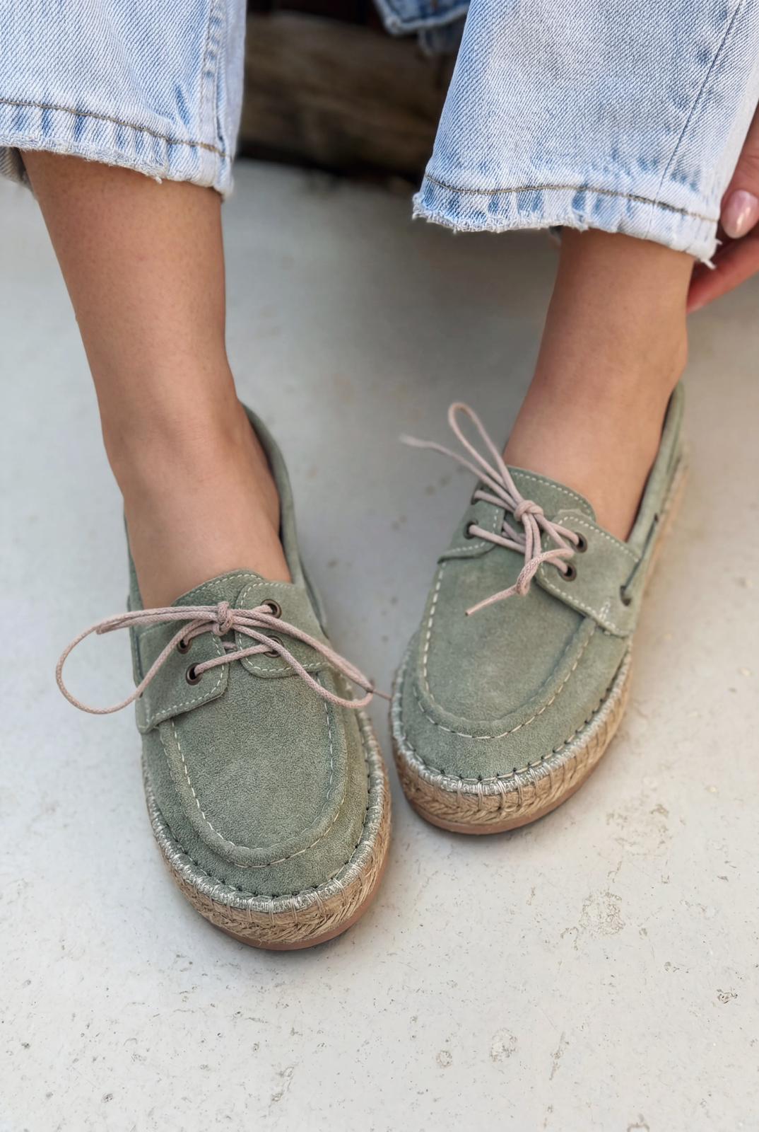 Selora Bağcıklı Espadril Yeşil Hakiki Süet - ILOVESHOES