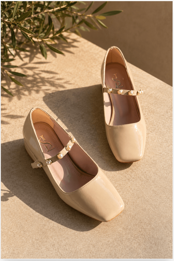 Myrel Bej İnci Detaylı Rugan Kadın Marry Jane - ILOVESHOES