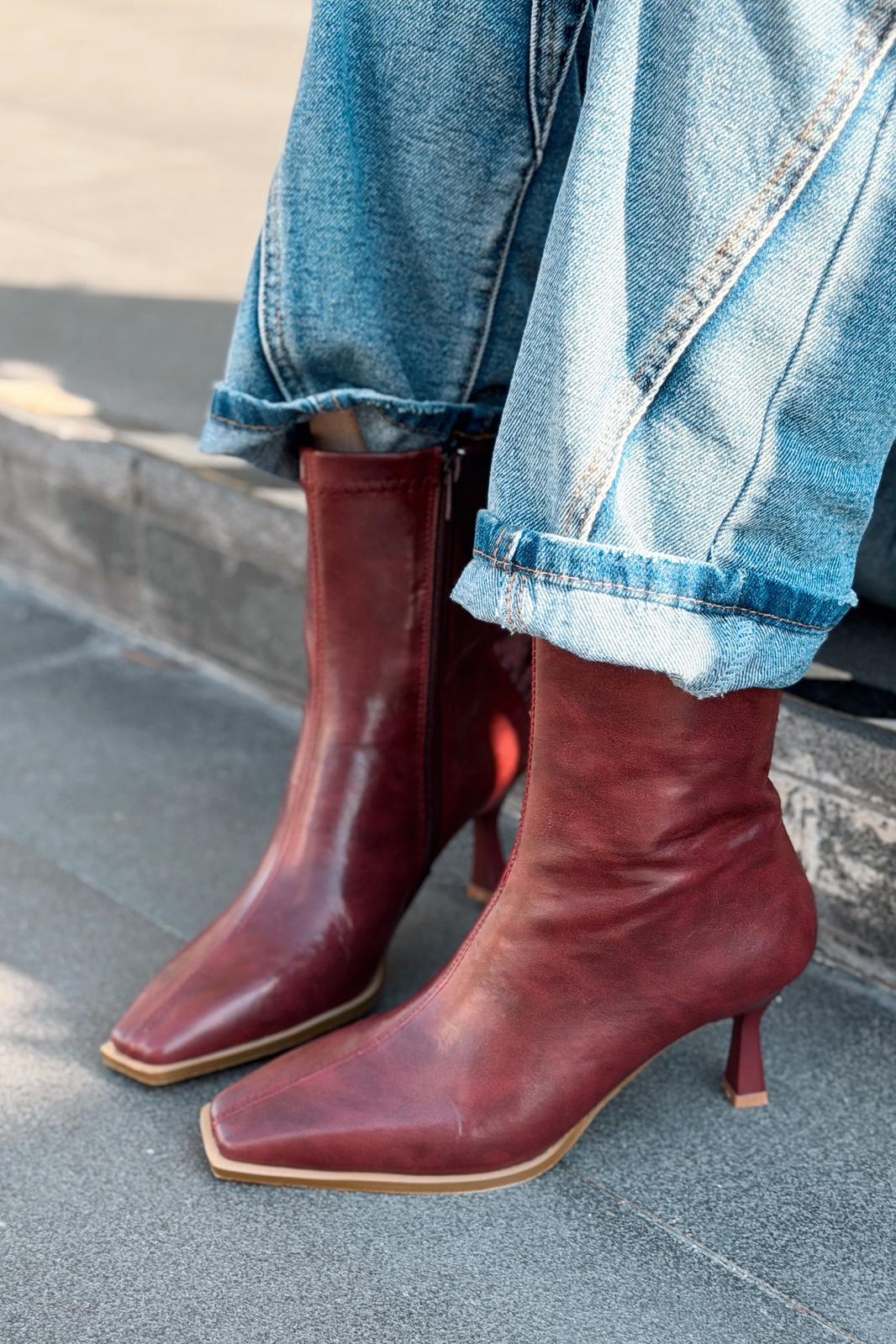 Alderie Kadın Topuklu Bot Bordo Mat Deri - ILOVESHOES