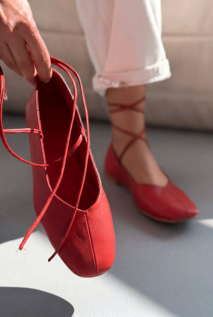 Morven Hakiki Deri Kırmızı Kadın Babet - ILOVESHOES