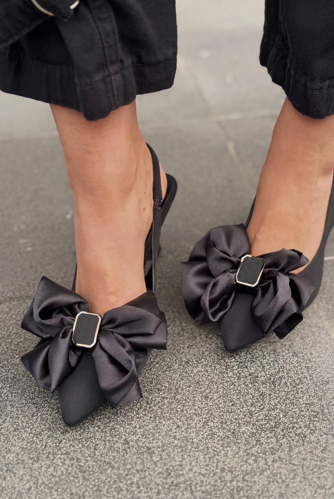 Velune Stiletto Siyah Saten Fiyonk Detaylı - ILOVESHOES