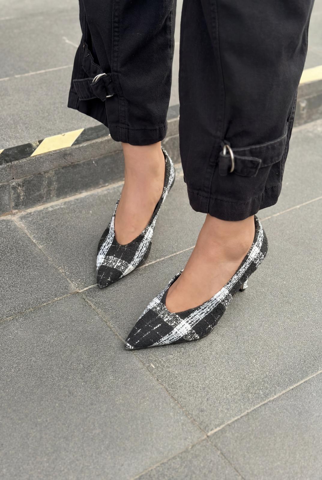 Kairo Stiletto Siyah Tüvit Kumaş Ekoseli - ILOVESHOES