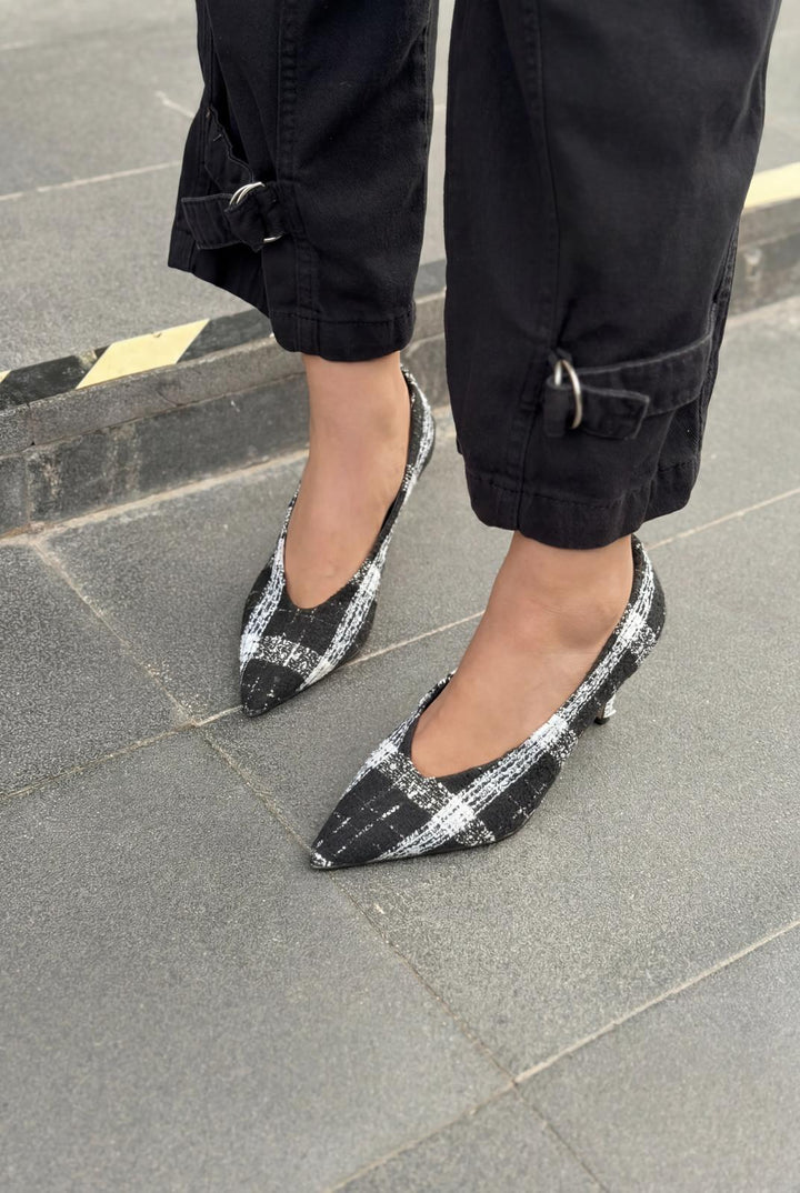 Kairo Stiletto Siyah Tüvit Kumaş Ekoseli - ILOVESHOES