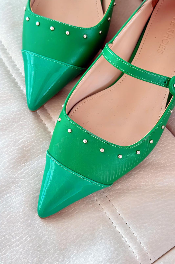 Panilo Mat Deri Zımba Detaylı Yeşil Kadın Babet - ILOVESHOES