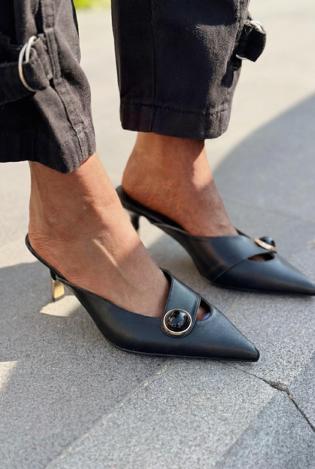Delvor Topuklu Terlik Siyah Mat Deri - ILOVESHOES
