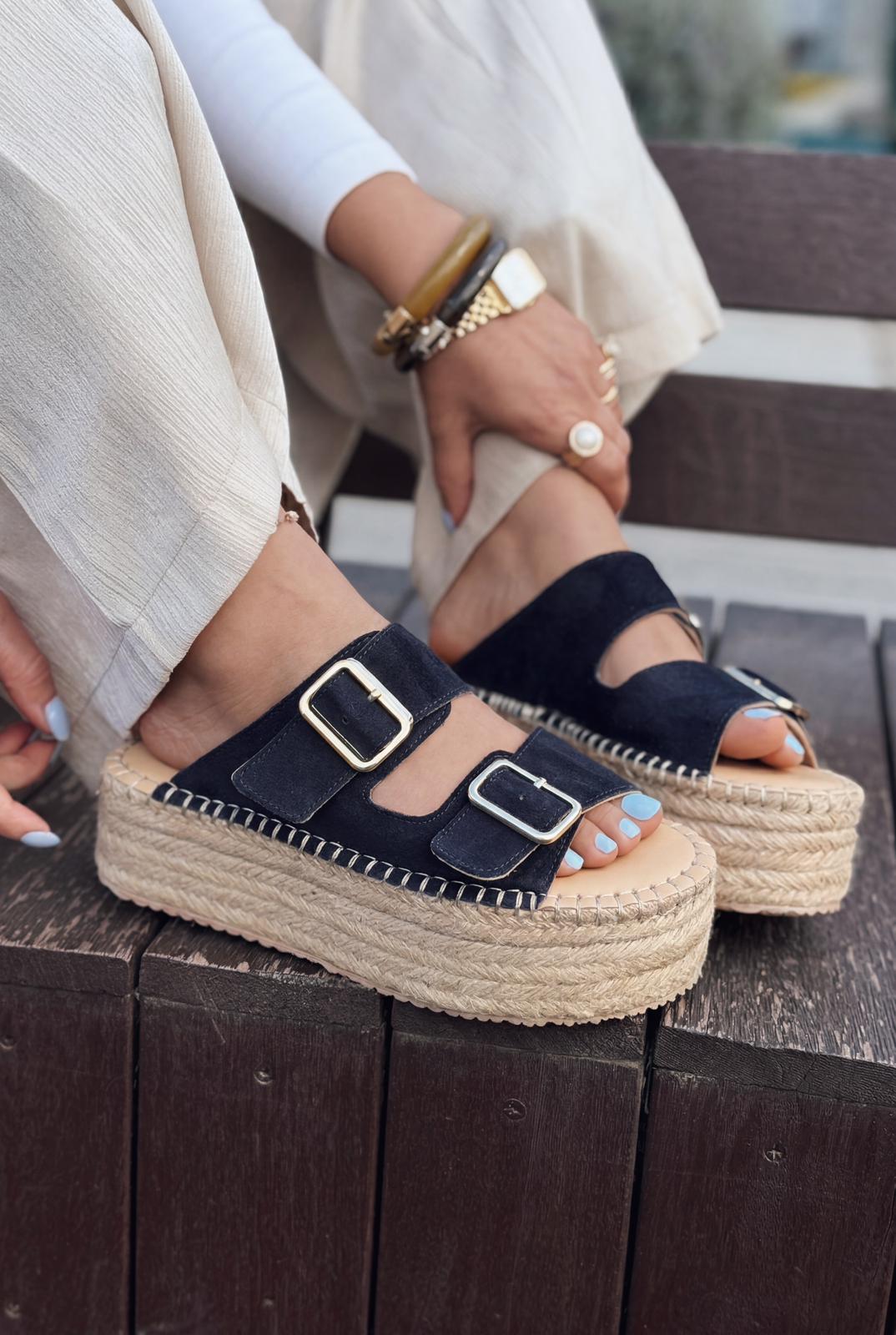 Serinel Lacivert Hakiki Süet Kadın Dolgu Topuklu Terlik - ILOVESHOES