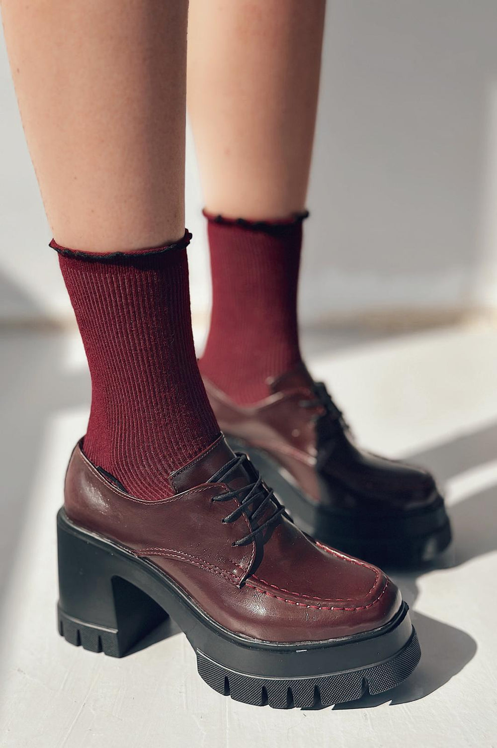 Sapetos Kalın Taban Topuklu Kadın Loafer Bordo Mat Rugan - ILOVESHOES