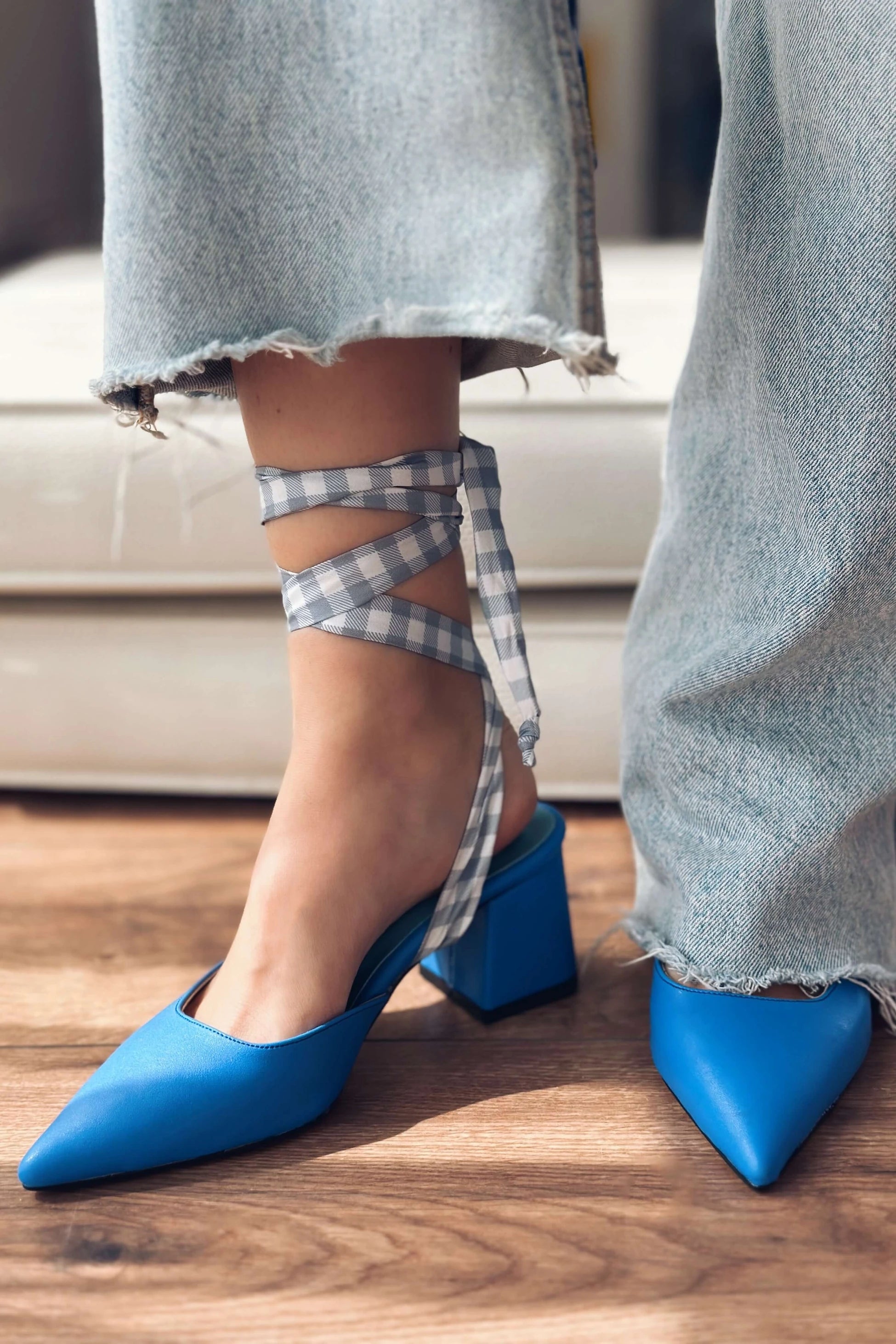 Vikons Mat Deri Ekose Detaylı Kadın Stiletto Mavi