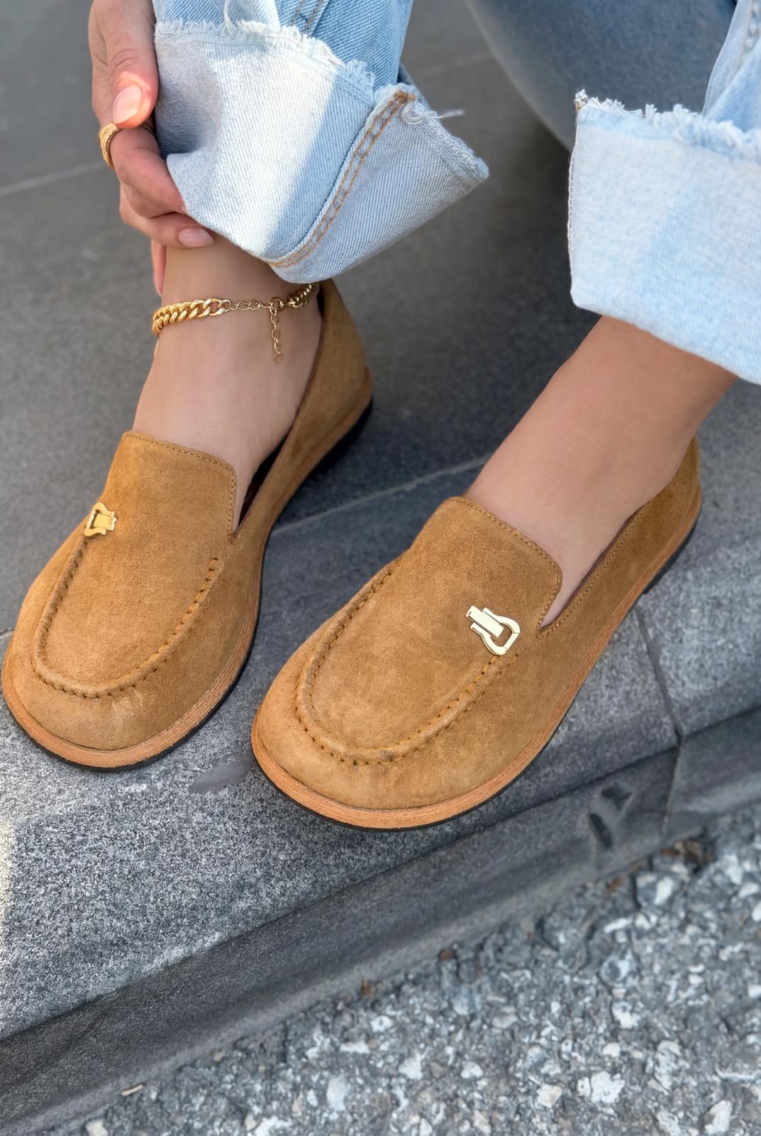 Rasen Hakiki Süet Kadın Loafer Taba - ILOVESHOES