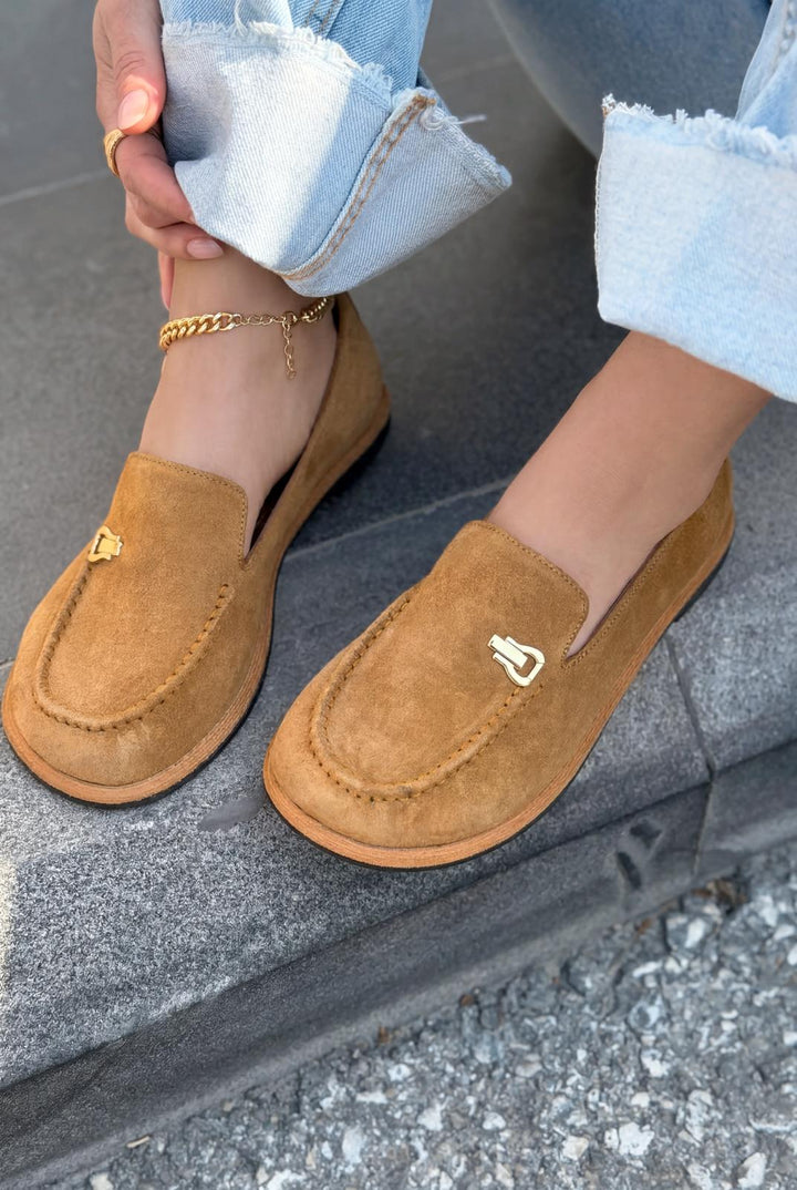 Rasen Hakiki Süet Kadın Loafer Taba - ILOVESHOES