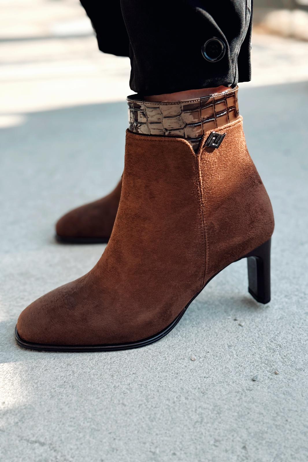 Pialer Kadın Topuklu Bot Taba Süet Kroko Detaylı - ILOVESHOES