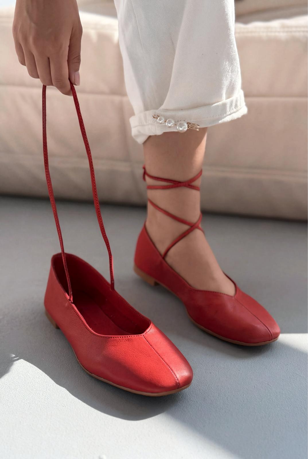 Morven Hakiki Deri Kırmızı Kadın Babet - ILOVESHOES
